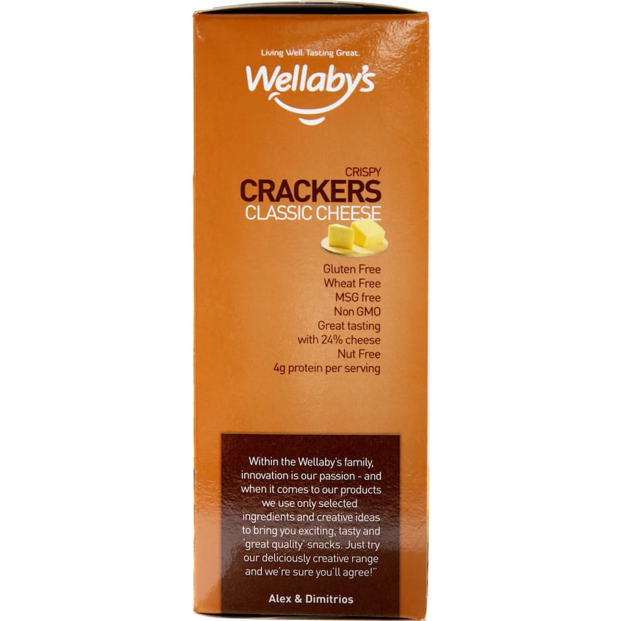 Wellabys Gluten-Free Cheese Crackers, crispy snacks bursting with cheesy flavor, perfect for gluten-free diets and snacking occasions.