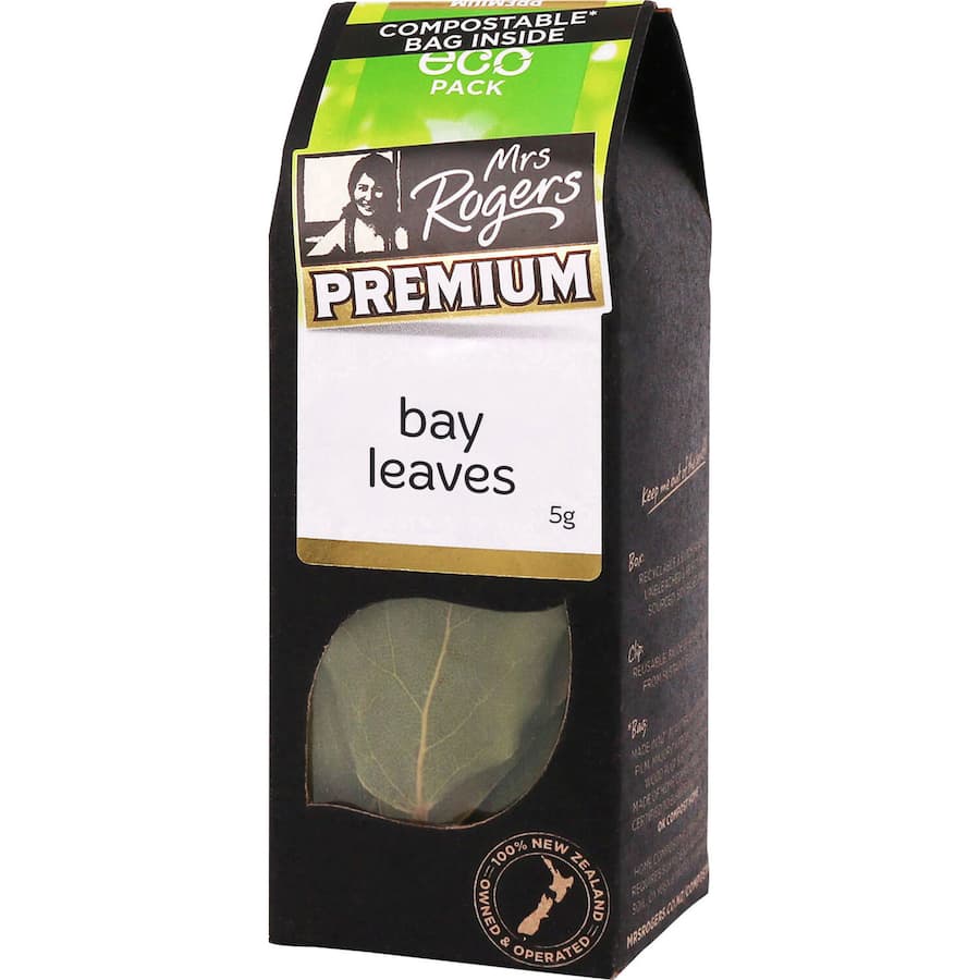 Whole Mrs. Rogers bay leaves, aromatic herb for enhancing soups and stews with rich, subtle flavors.