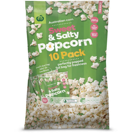 Woolworths Popcorn Sweet & Salty in a bulk 200g 10-pack, featuring a perfect blend of sweet and salty flavors for any occasion.