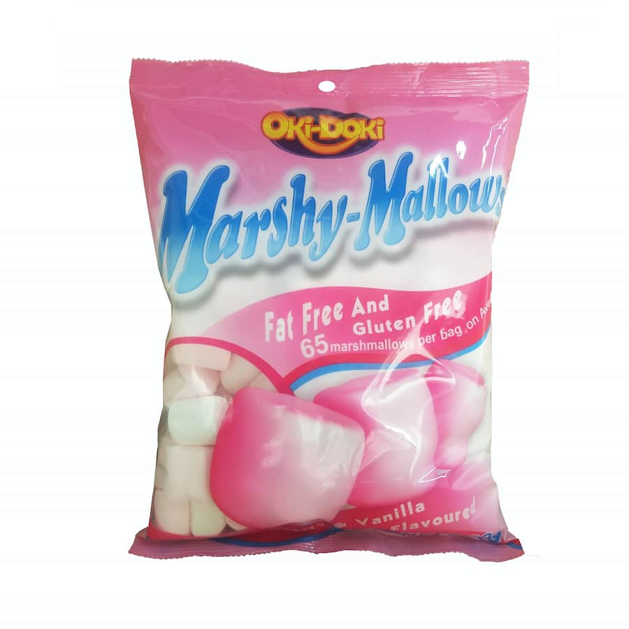 Big, fluffy Oki Doki Marshmallows in strawberry and vanilla flavors, fat-free and gluten-free, perfect for treats and decorations.