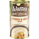 A comforting can of Wattie's potato and leek soup, 98% fat-free, with no preservatives or artificial ingredients.