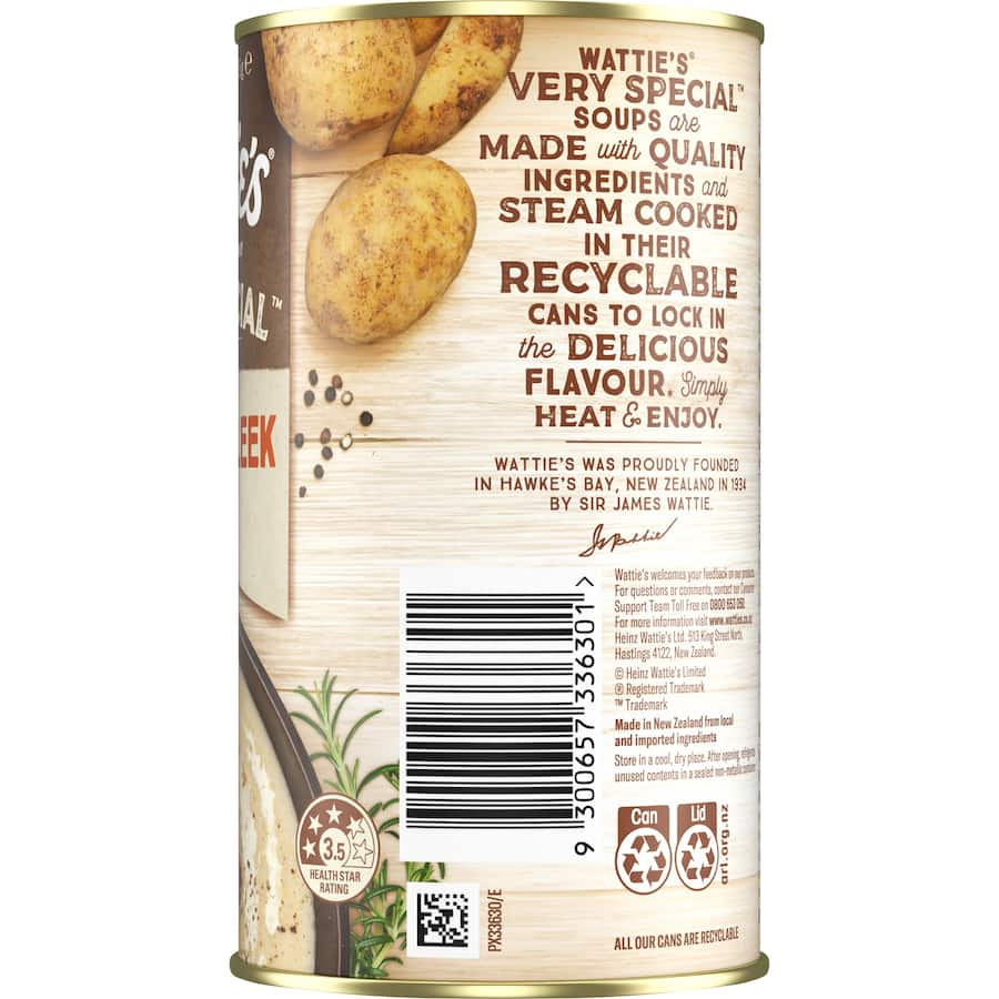 Wattie's Potato & Leek Soup in a can, 98% fat-free, smooth puree with no artificial additives—perfect for quick, healthy meals.