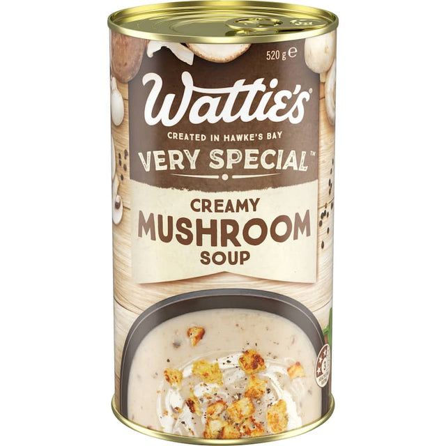 Can of Wattie's Very Special Creamy Mushroom Soup featuring shiitake mushrooms and real cream, 98% fat-free.