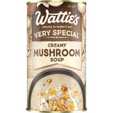 Wattie's Very Special Creamy Mushroom Soup featuring shiitake mushrooms, real cream, 98% fat-free, and no artificial additives.