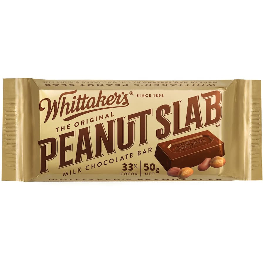 Whittakers Peanut Slab: creamy milk chocolate loaded with crunchy roasted peanuts, perfect for indulgent snacking.