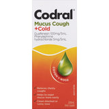 Codral Relief Cold Remedy: Raspberry-flavored liquid for non-drowsy relief from coughs and mucus, gluten and sugar-free.