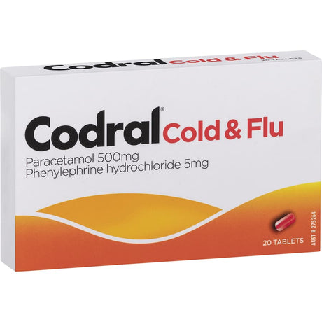 Fast-acting Codral Relief Plus tablets for cold and flu relief, targeting headaches, fever, and nasal congestion.