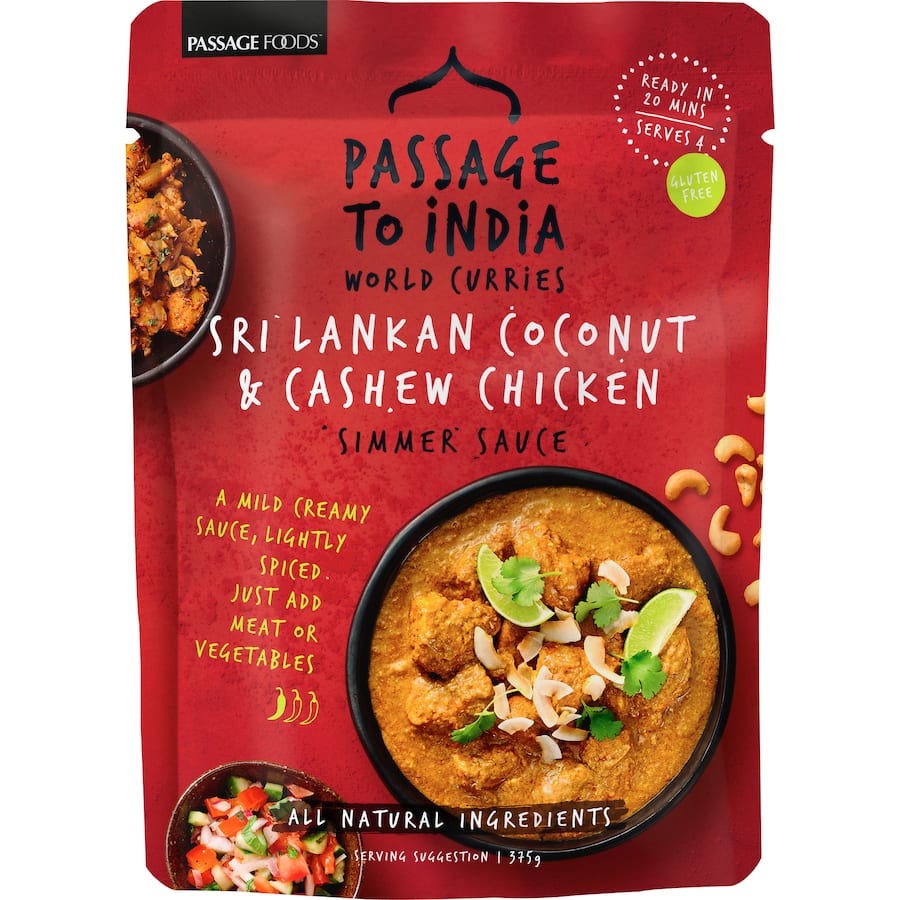 Authentic Passage To India Coconut & Cashew Chicken, featuring tender chicken in creamy coconut milk with roasted cashews.