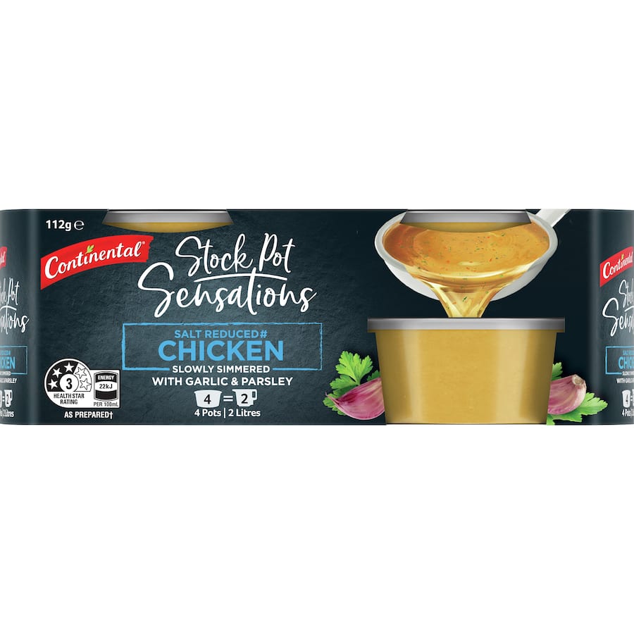 Rich and concentrated salt-reduced chicken stock pot, perfect for enhancing soups, stews, and sauces without added sodium.