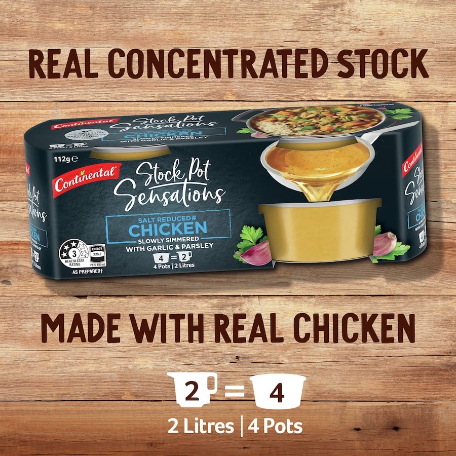 Salt-reduced chicken stock pots, 4 x 28g, for enhancing dishes with homemade flavor while keeping sodium low.