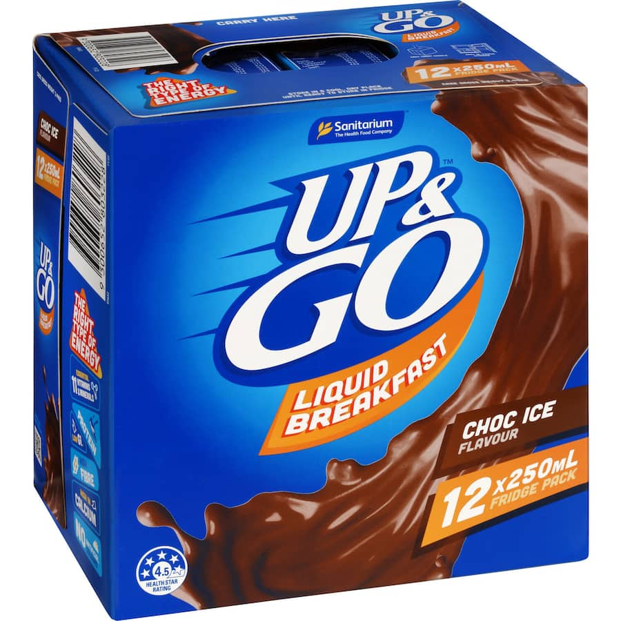 Sanitarium Up & Go Liquid Breakfast in Chocolate, packed with vitamins, minerals, and low GI for a nutritious start on the go.