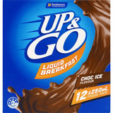 Sanitarium Up & Go Chocolate Liquid Breakfast in fridge pack, rich in vitamins, low GI, and high in calcium for on-the-go nutrition.