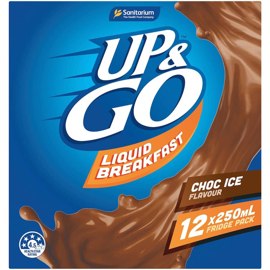 Sanitarium Up & Go Liquid Breakfast in Chocolate, nutrient-rich, low GI, high calcium, convenient fridge pack for on-the-go.