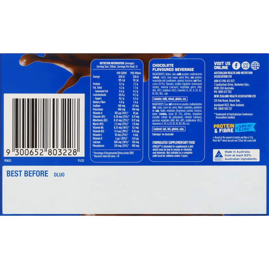 Chocolate-flavored Sanitarium Up & Go Liquid Breakfast in a fridge pack, rich in vitamins, minerals, and calcium for on-the-go nutrition.