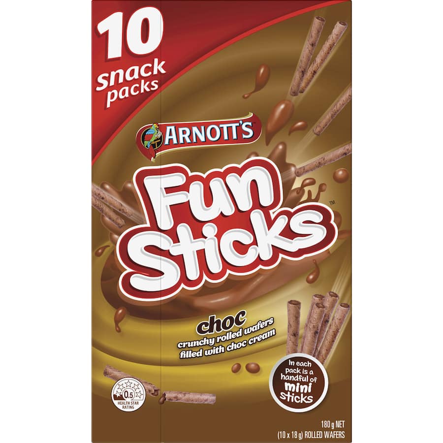 Arnott's Fun Sticks Biscuits are crunchy chocolate-covered snack sticks, perfect for sharing and enjoying anytime.