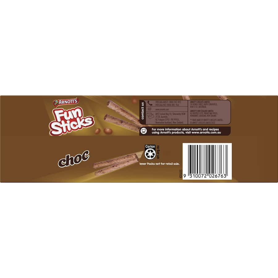 Chocolate-covered Arnott's Fun Sticks Biscuits, 180g, perfect for snacks or sharing with friends and family.