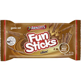 Arnott's Fun Sticks: crunchy chocolate-covered biscuit sticks, perfect for snacks, lunches, and sharing with friends.