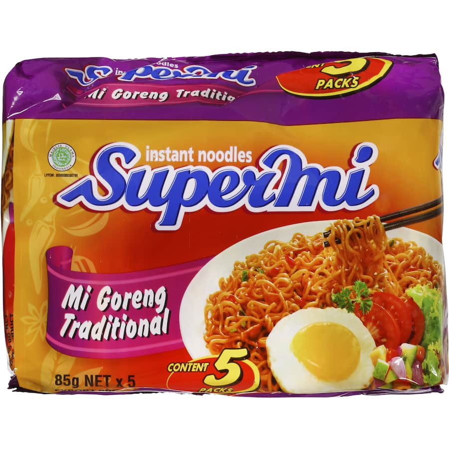 Super Mi Instant Noodles Mi Goreng Traditional - quick, flavorful stir-fried noodles with five authentic seasoning sachets.