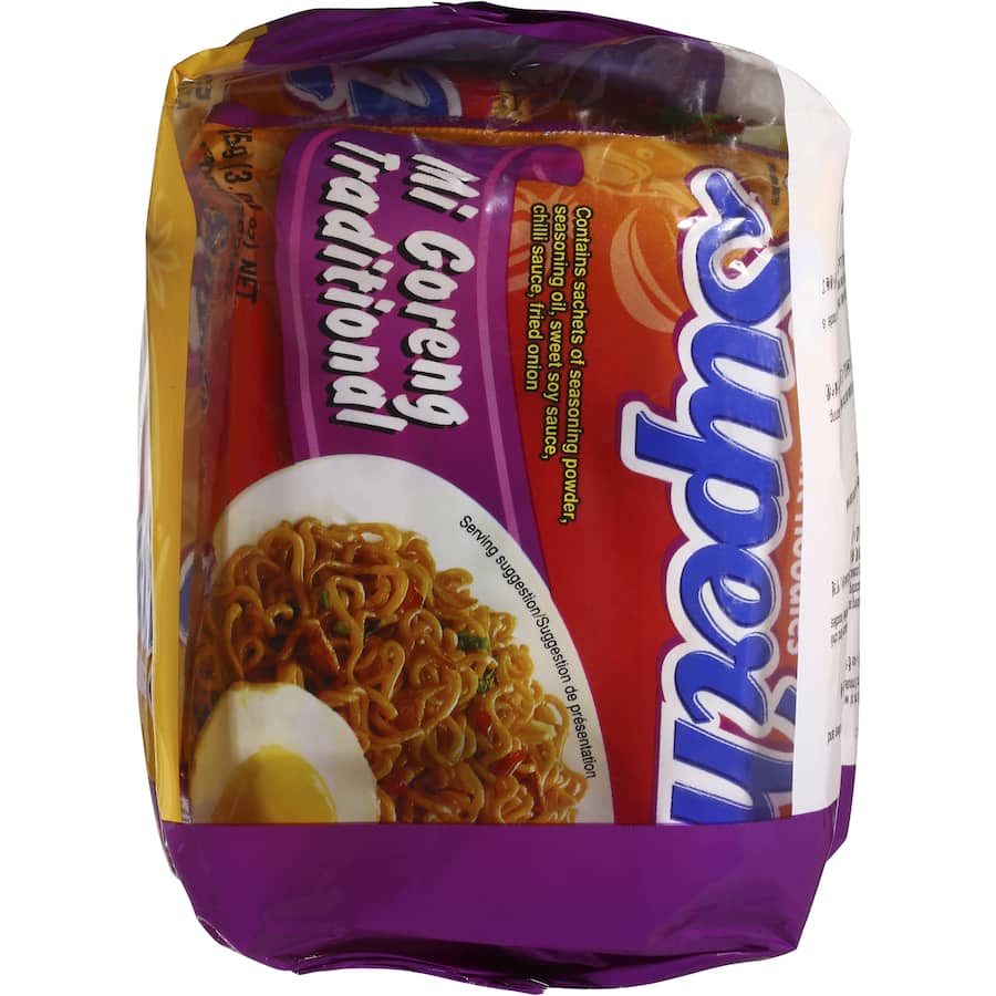 Delicious Super Mi Instant Noodles Mi Goreng with 5 seasoning sachets for an authentic Indonesian flavor experience.