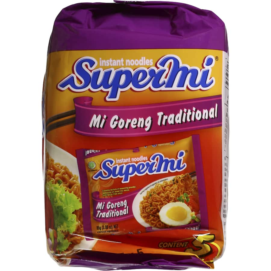 Bowl of Super Mi Instant Noodles Mi Goreng, featuring seasoning sachets for an authentic Indonesian flavor experience.