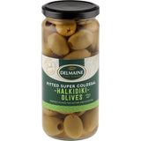 Delmaine Green Pitted Olives: supercolossal, hand-picked olives ideal for snacking, cooking, and stuffing with various fillings.