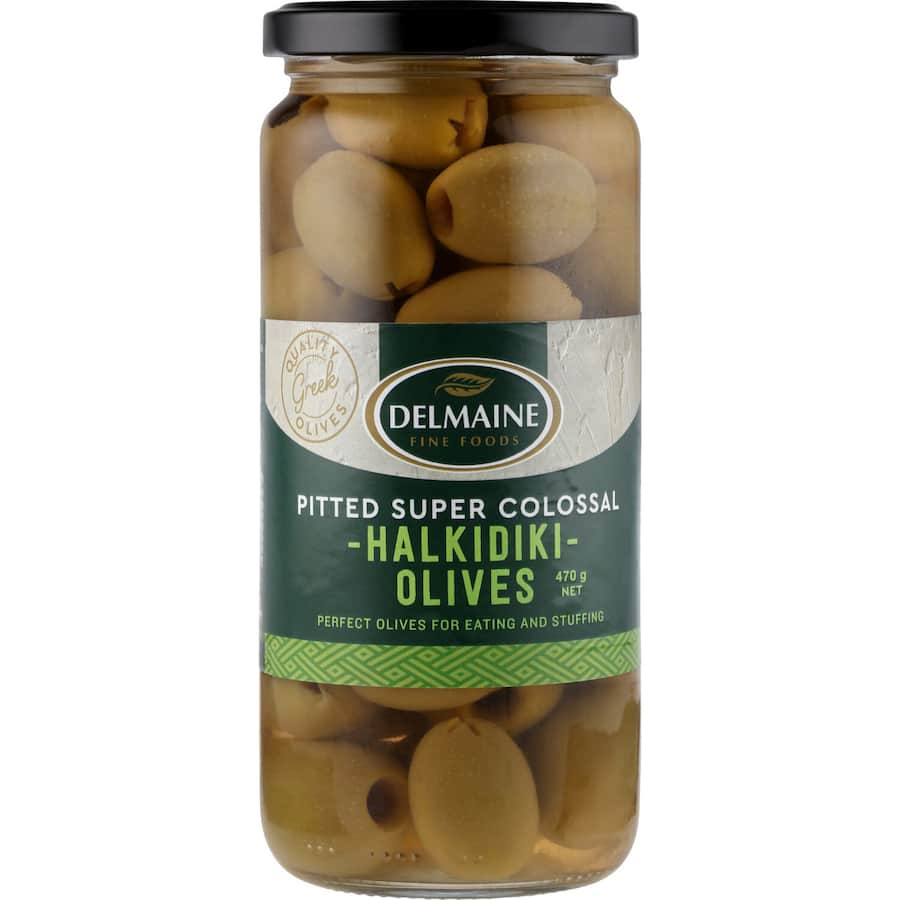 Delmaine Green Pitted Olives: Hand-picked, supercolossal olives perfect for snacking, salads, and flavorful cooking.