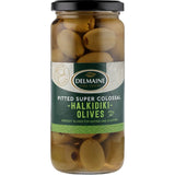 Delmaine Green Pitted Olives: Hand-picked, supercolossal olives perfect for snacking, salads, and flavorful cooking.