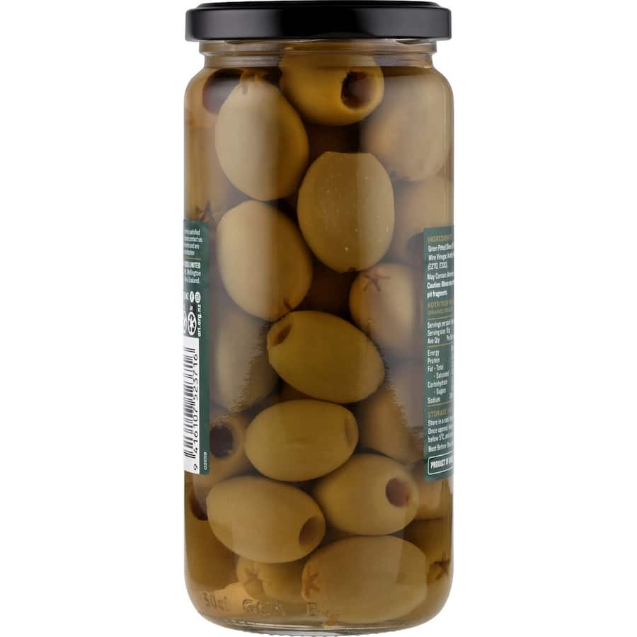 Delmaine Green Pitted Olives: plump, versatile olives perfect for salads, snacking, and stuffing with various fillings.