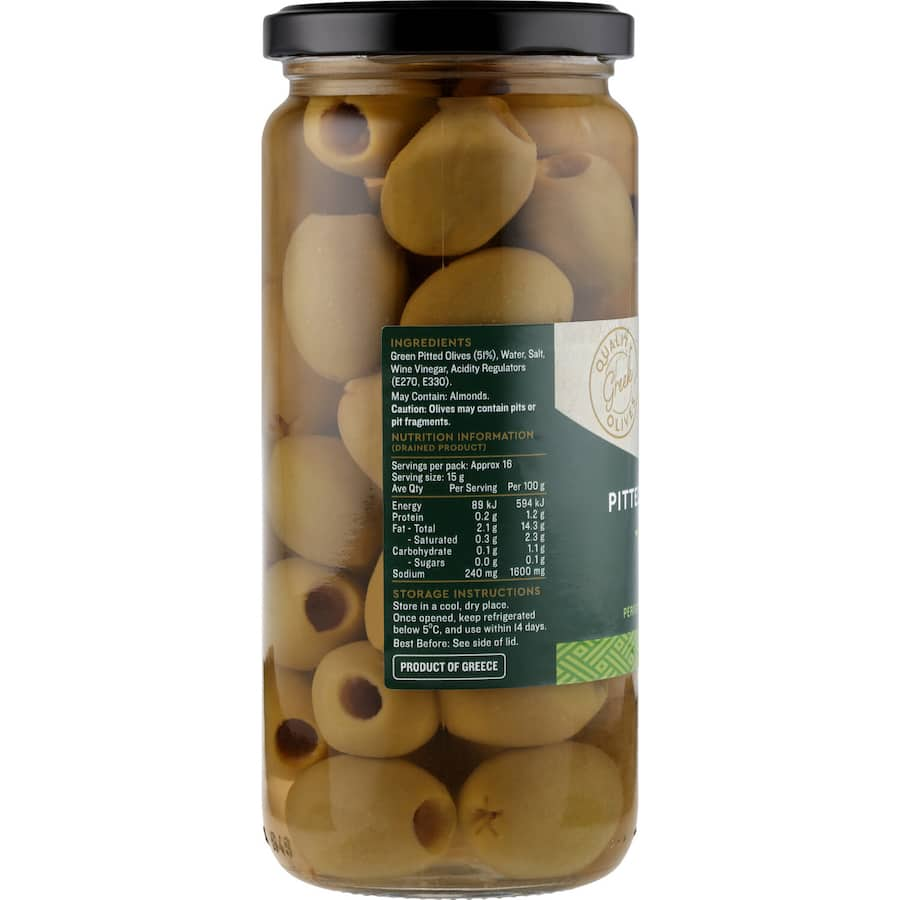 Delmaine Green Pitted Olives, supercolossal olives perfect for stuffing or adding flavor to dishes, ideal for Mediterranean recipes.