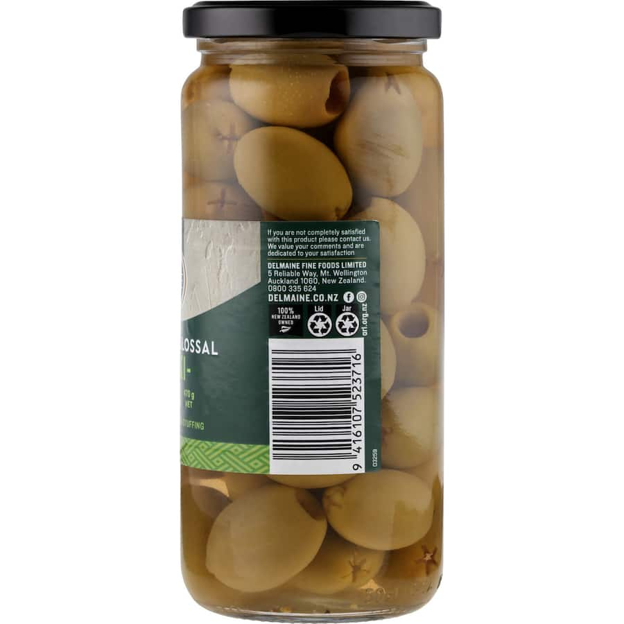 Delmaine Green Pitted Olives, supercolossal and versatile, perfect for snacking, cooking, or stuffing with flavorful fillings.