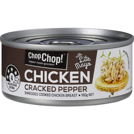 Chop Chop Canned Chicken Cracked Pepper: convenient, tender chicken seasoned with cracked pepper, perfect for quick, healthy meals.