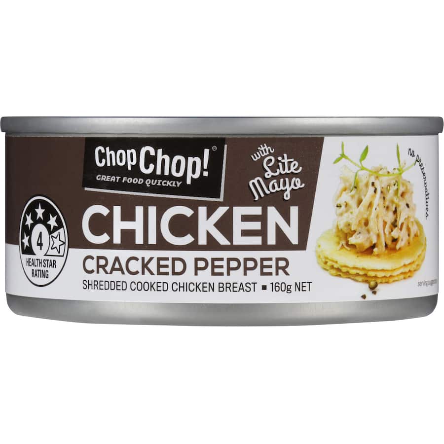 Chop Chop Canned Chicken Cracked Pepper features tender chicken seasoned with cracked pepper, perfect for quick, healthy meals.