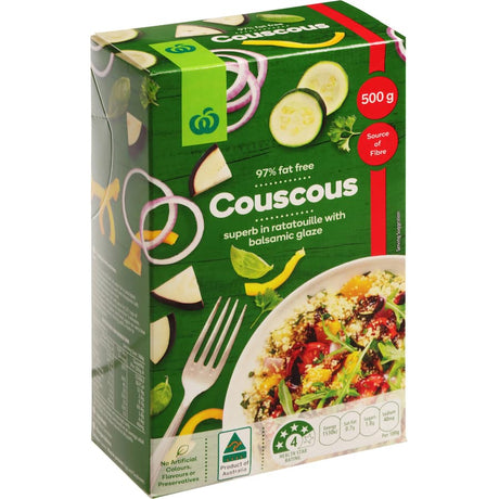 Woolworths Couscous 500g package, a versatile 97% fat-free grain solution for healthy meals, made in Australia.