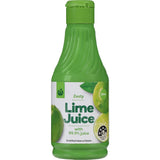 Bottle of Woolworths Lime Juice, 99.9% reconstituted lime juice for zesty cooking and cocktails, free from artificial additives.