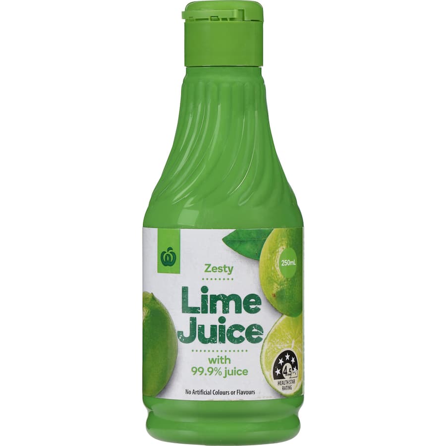 Woolworths Lime Juice bottle, featuring 99.9% reconstituted lime juice, perfect for cooking and cocktails.