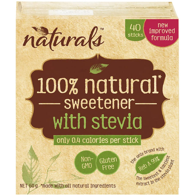 Naturals Stevia Sticks: calorie-free sweetener for coffee, tea, and cereal; each stick equals 1 teaspoon of sugar's sweetness.