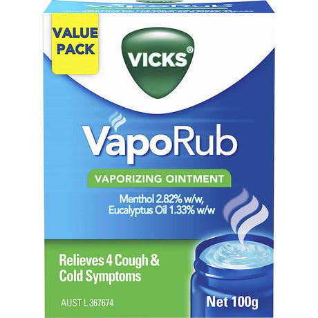 Vicks Vaporub Vaporising Ointment for soothing cold relief, alleviating cough and muscle aches for adults and kids aged 2+.