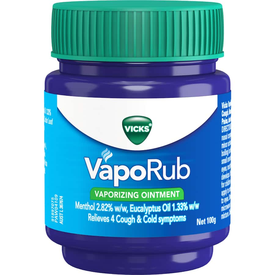 Vicks Vaporub: soothing ointment for cold relief, alleviates cough, congestion, and muscle aches for up to 8 hours.