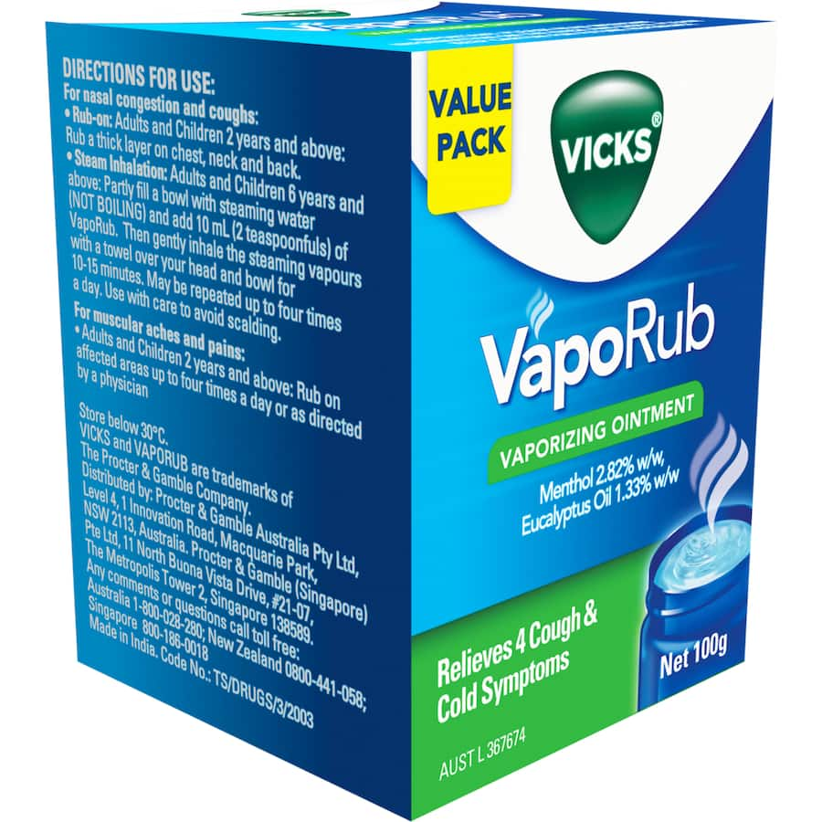 Vicks Vaporub Vaporising Ointment offers soothing relief from cold symptoms for adults and kids over 2, lasting up to 8 hours.