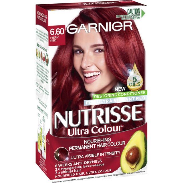 Vibrant Garnier Nutrisse Fiery Red 6.60 hair dye, enriched with nourishing oils for glossy, healthy, and long-lasting color.