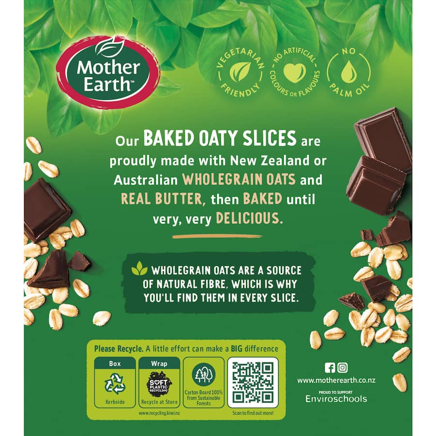 Wholesome Mother Earth Oaty Slices Oat Bars with chocolate chips, high in fiber, perfect for a nutritious on-the-go snack.