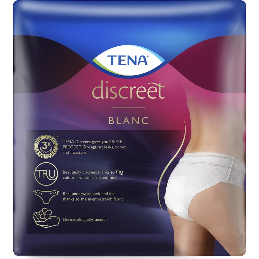 Discreet TENA Women's continence pants offer stylish, comfortable protection against moderate bladder weakness.