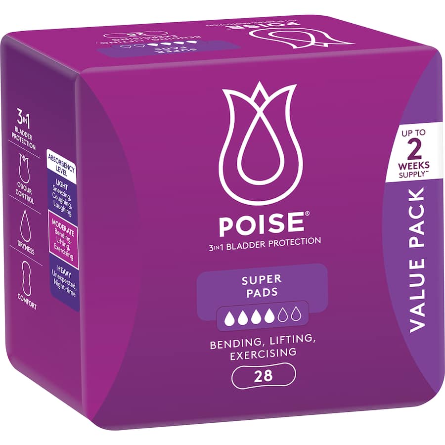 Ultra-absorbent Poise Pads Super provide comfort and leak protection for light bladder leakage, ensuring confidence all day.