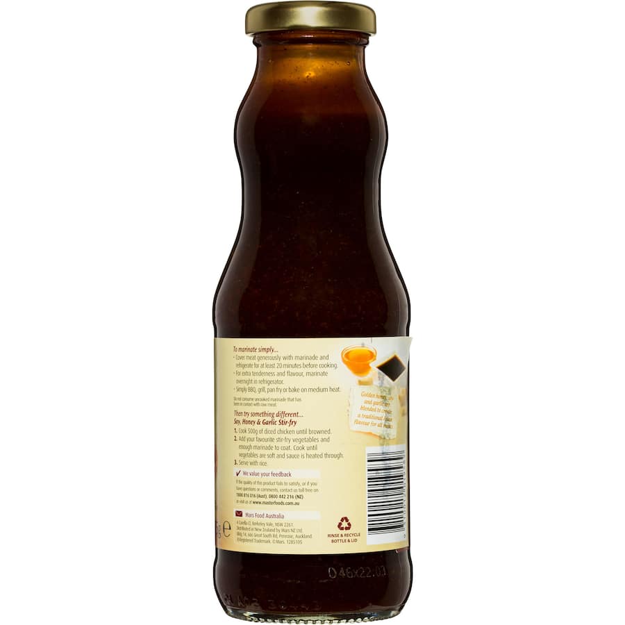 Masterfoods soy, honey & garlic marinade for meats, ideal for grilling and stir-frying, with no artificial additives.