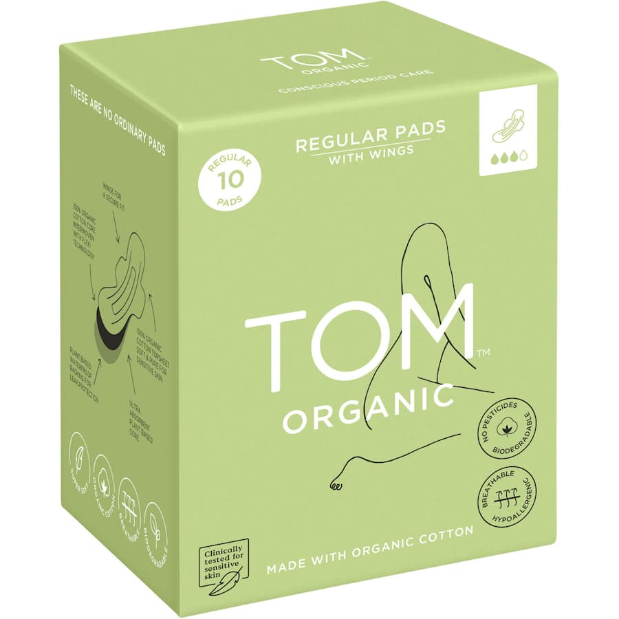 TOM Organic Cotton Ultra Thin Regular Pads with Wings, soft, breathable, and eco-friendly for medium flow menstrual care.