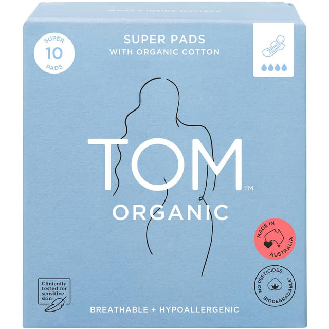 TOM Organic Ultra Thin Super Pads with wings, made from organic cotton for comfort, protection, and eco-friendliness.