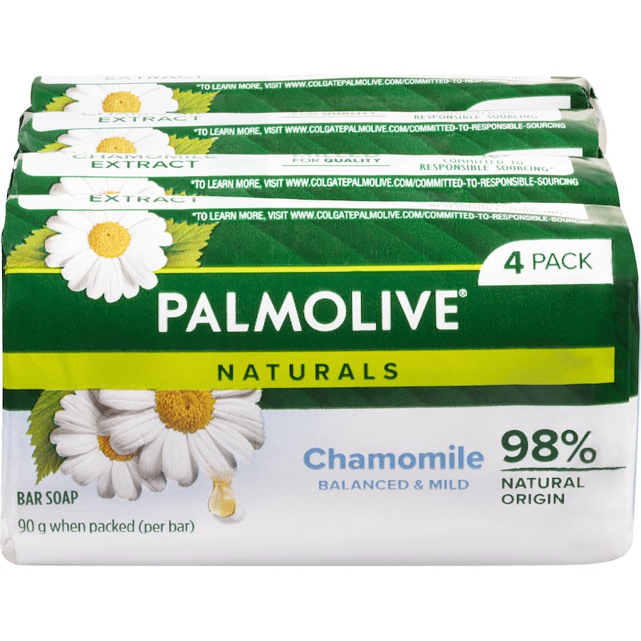 Palmolive Naturals Bar Soap with Chamomile, 98% natural ingredients for gentle cleansing and soothing fragrance.