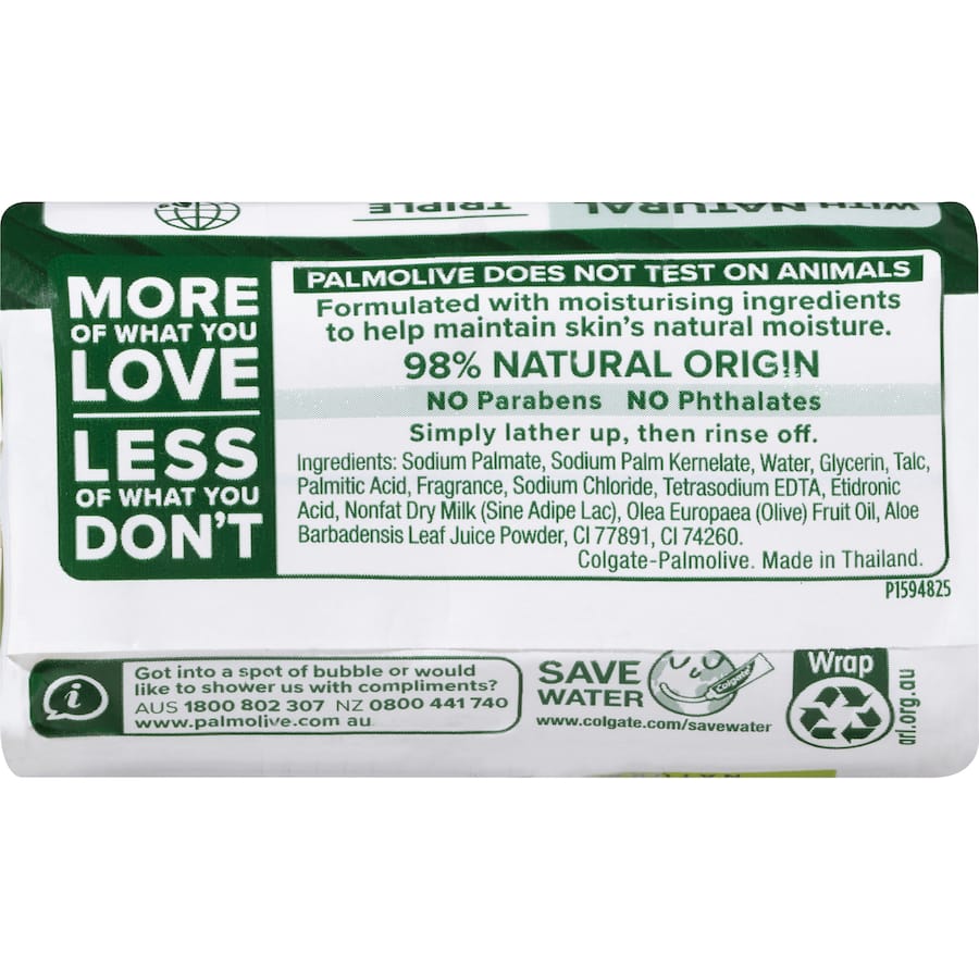 Palmolive Naturals Bar Soap with Olive Oil and Aloe Vera offers gentle moisture care, suitable for sensitive skin and free from harsh chemicals.