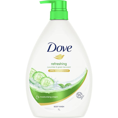 Refresh your skin with Dove Body Wash Fresh Touch, infused with cucumber and green tea for nourishment and hydration.