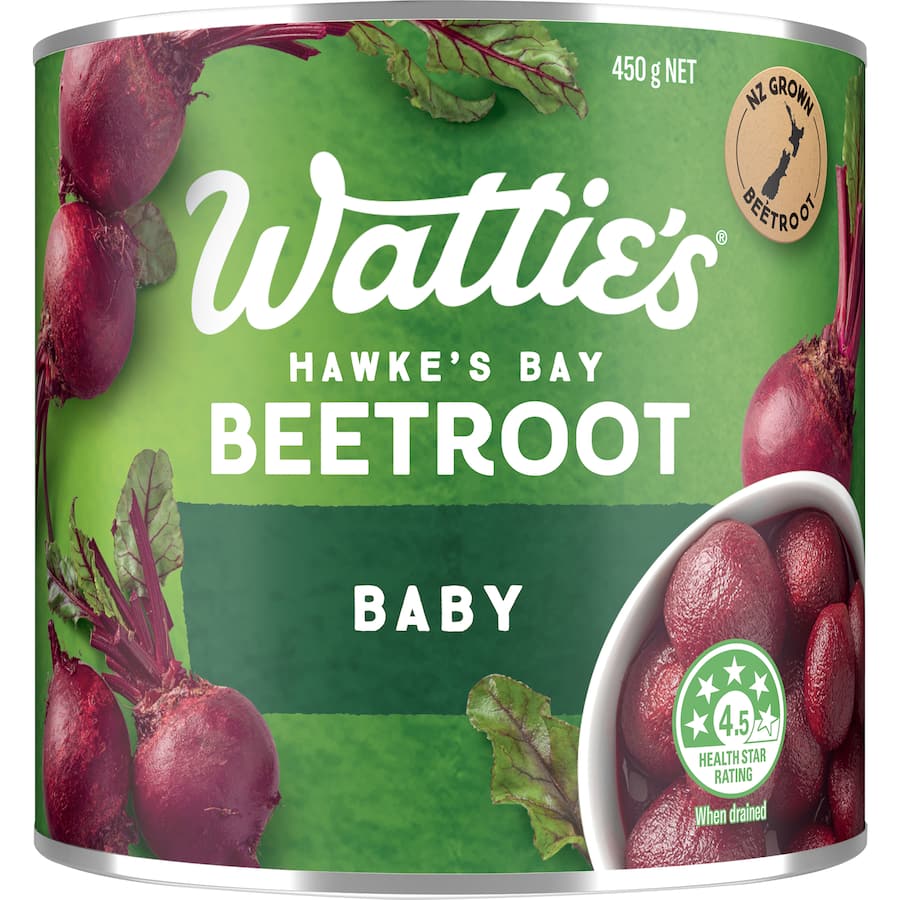 Wattie's Baby Beetroot in a can, featuring vibrant color and no preservatives, perfect for healthy meals and snacks.